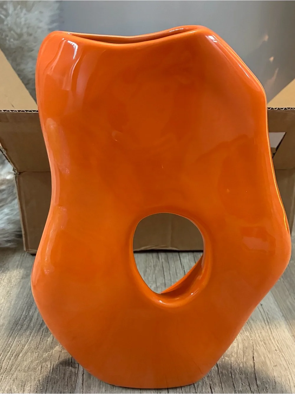 Modern  Orange Abstract Ceramic Donut Vase - Sculptural Art Decor Glossy 10 in